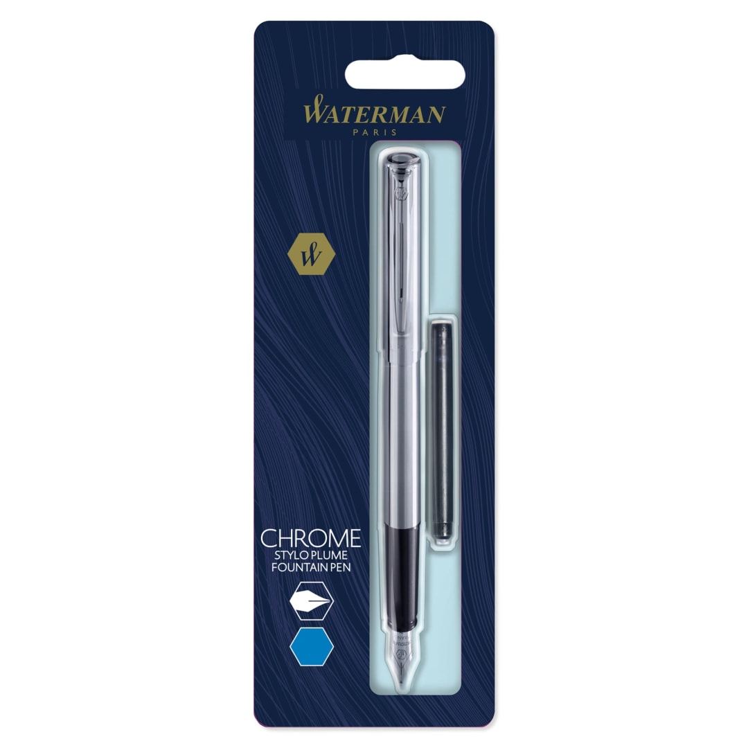 Waterman Graduate Fountain Pen, Fine Nib, Stainless Steel Trim, Blue Ink