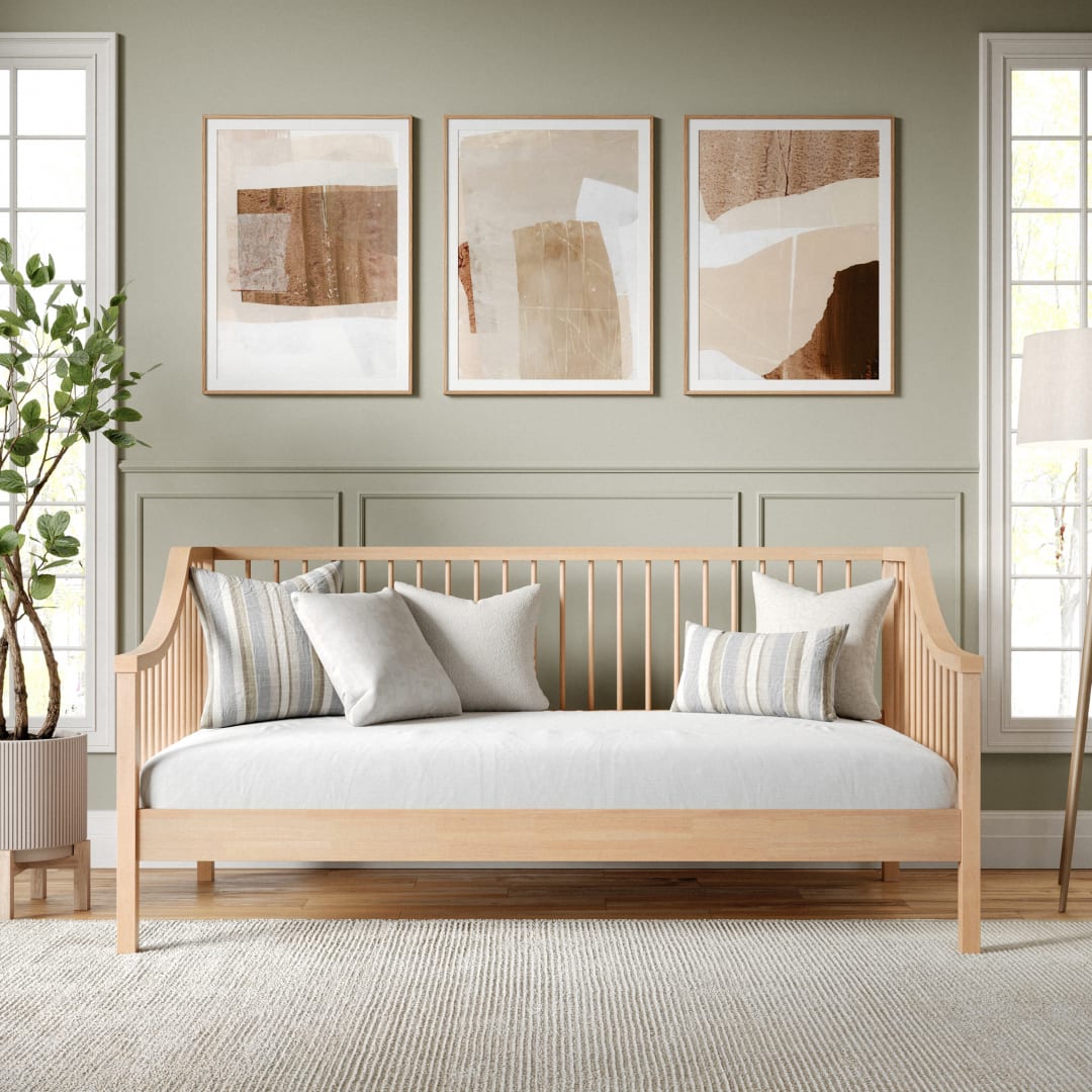 Neely Twin Size Solid Wood Platform Daybed with Wooden Spindles and Slatted Foundation with No Box Spring Required in Light Beech