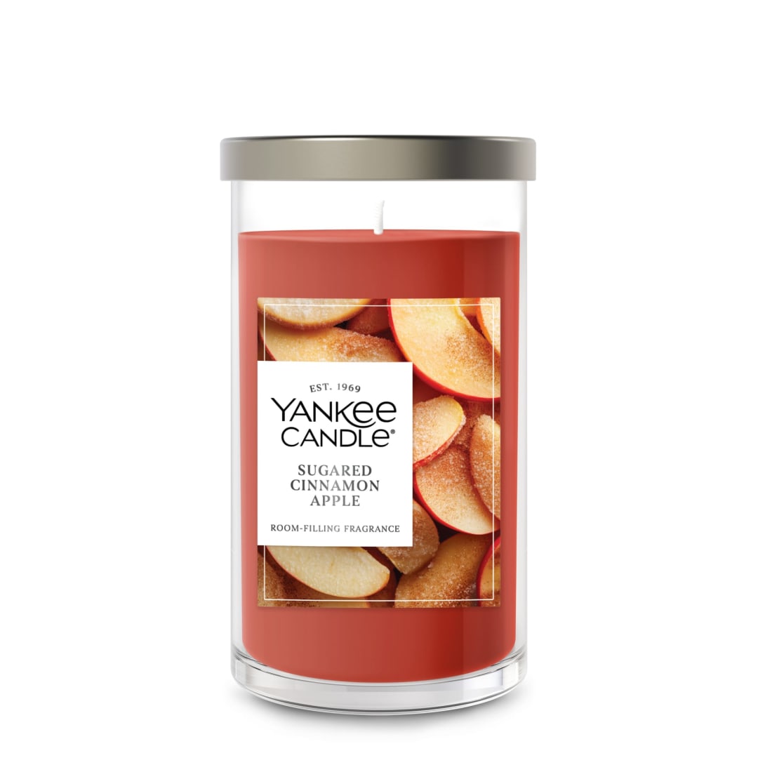 Yankee Candle® Medium Pillar Scented Candle with up to 115 Hour Burn Time, Premium Plant Wax Blend for Consistent Burn, 14.25 oz Pillar Candle with Room Filling Fragrance, Sugared Cinnamon Apple
