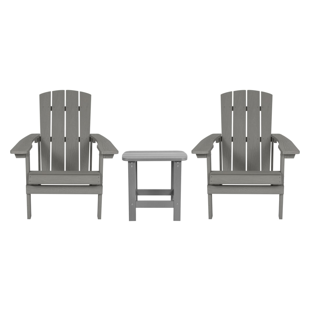2 Pack Charlestown Commercial All-Weather Poly Resin Wood Adirondack Chairs with Side Table in Gray