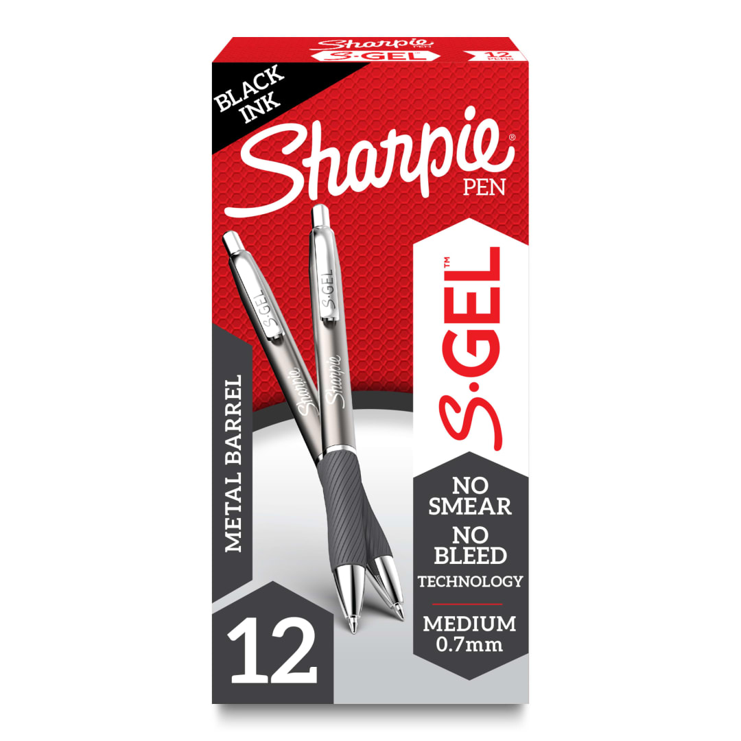 Sharpie® S-Gel, Gel Pens, Sleek Metal Barrel, Medium Point (0.7mm), Black Ink, 12 Count