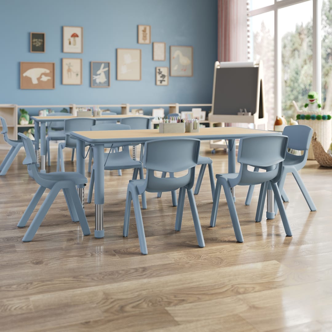 Emmy 7-Piece Kids Height Adjustable Activity Table Set, 47.25" x 23.5" Natural Woodgrain Laminate Top, Dusty Blue Frame, 6 Dusty Blue Chairs