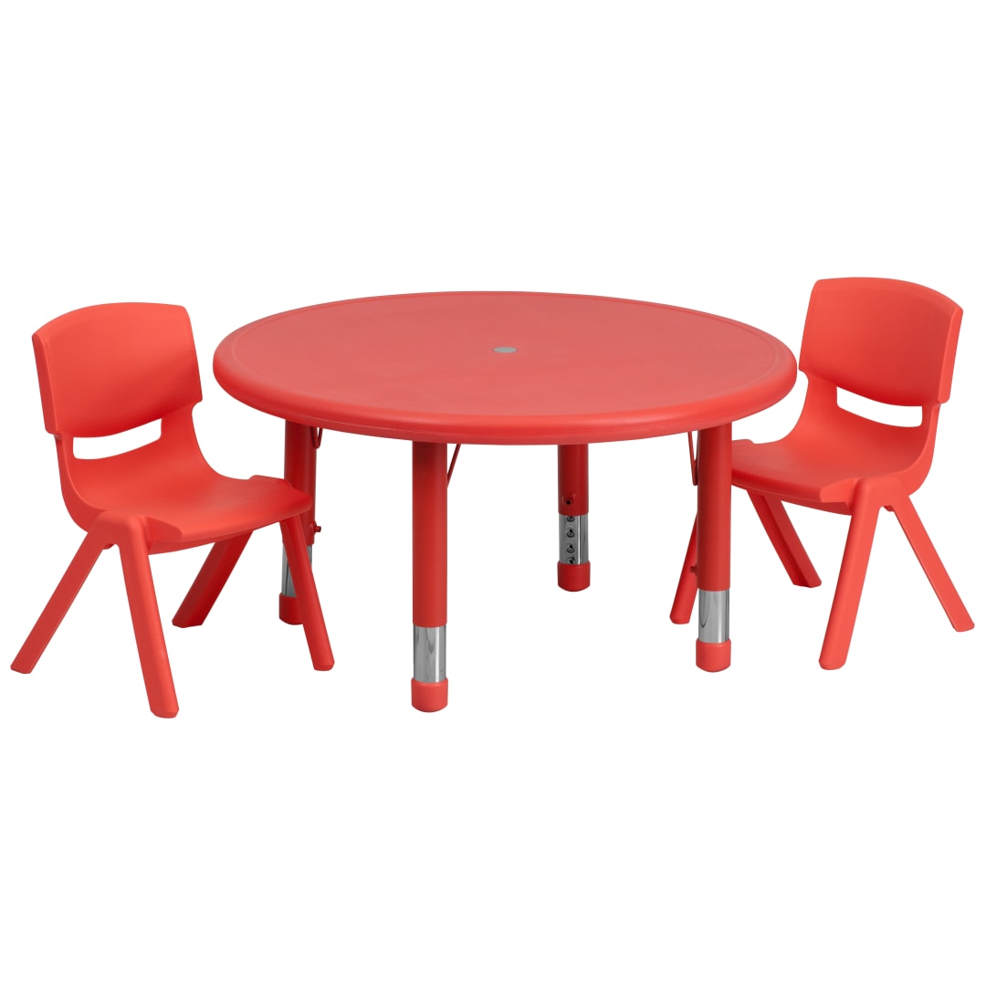 Emmy 33'' Round Red Plastic Height Adjustable Activity Table Set with 2 Chairs