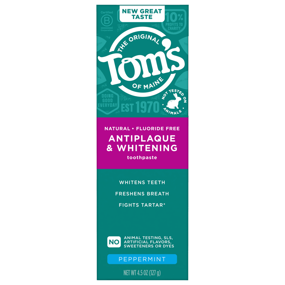 Tom’s of Maine Antiplaque and Whitening Toothpaste, Fluoride Free, Peppermint, 1 Pack, 4.5 oz