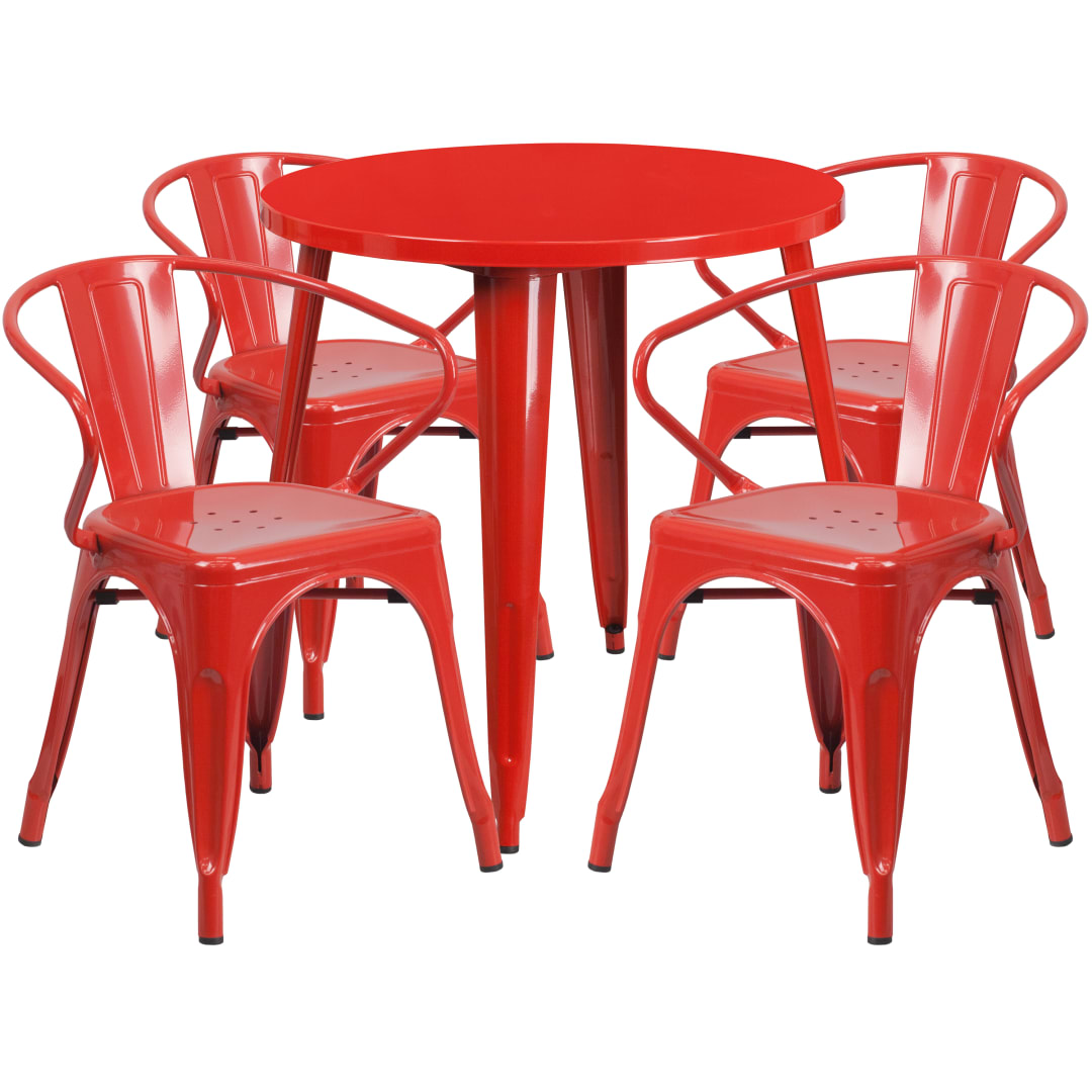 Cory Commercial Grade 30" Round Red Metal Indoor-Outdoor Table Set with 4 Arm Chairs