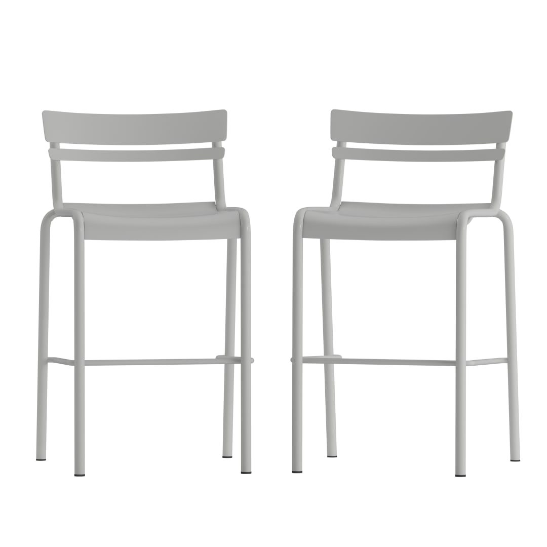 Nash Commercial Grade Silver Metal Indoor-Outdoor Bar Height Stool with 2 Slats, Set of 2
