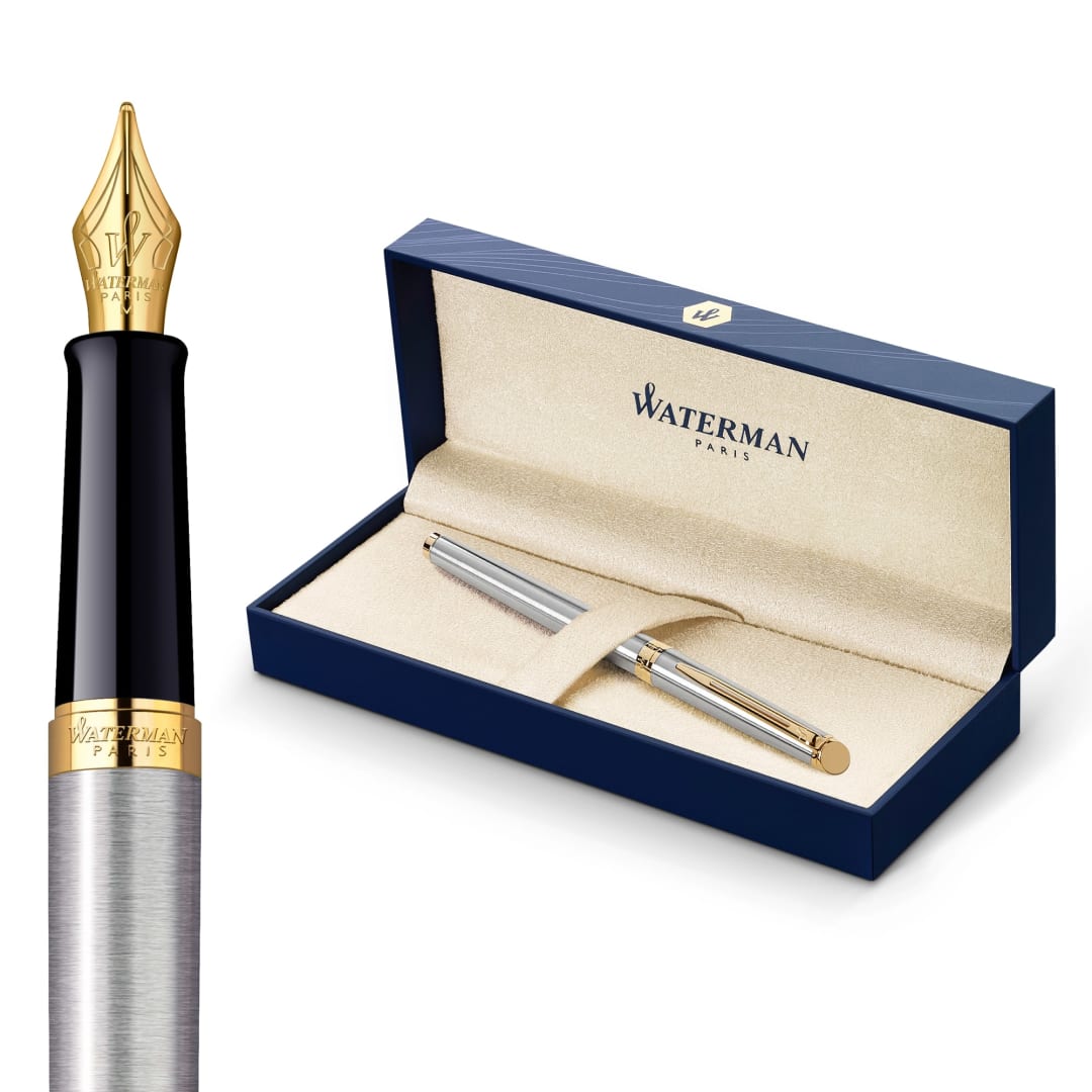 Waterman Hémisphère Fountain Pen | Stainless Steel with 23k Gold Trim | Medium Nib | Black Ink | Gift Box