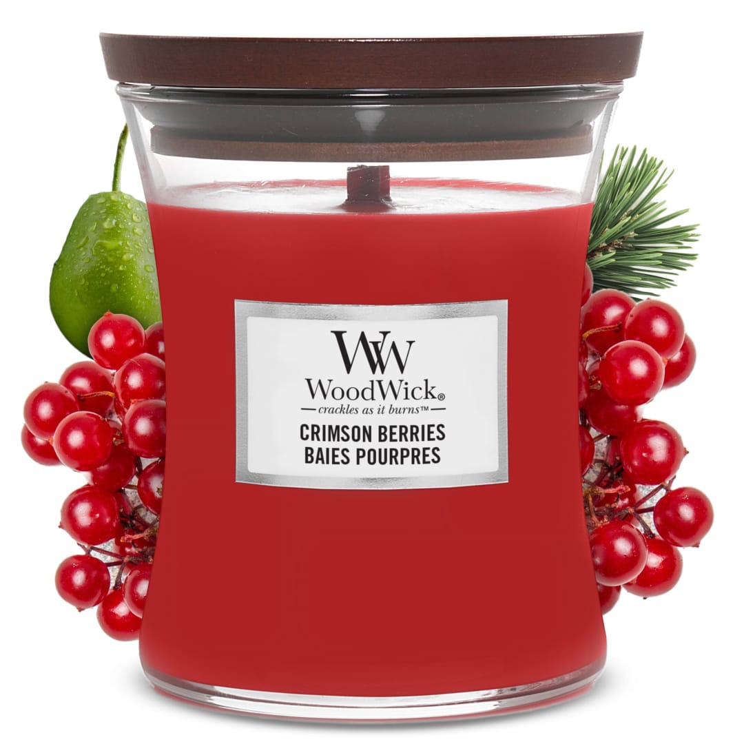 WoodWick® Medium Hourglass Scented Candle | Crimson Berries | with Crackling Wick | Burn Time: Up to 60 Hours