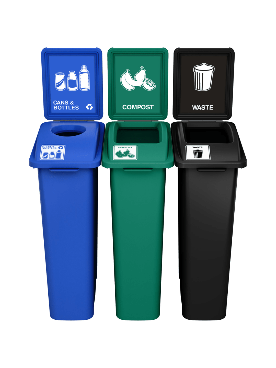 WASTE WATCHER - Triple - Kit - Cans & Bottles-Compost-Waste - Circle-Full - Blue-Green-Black