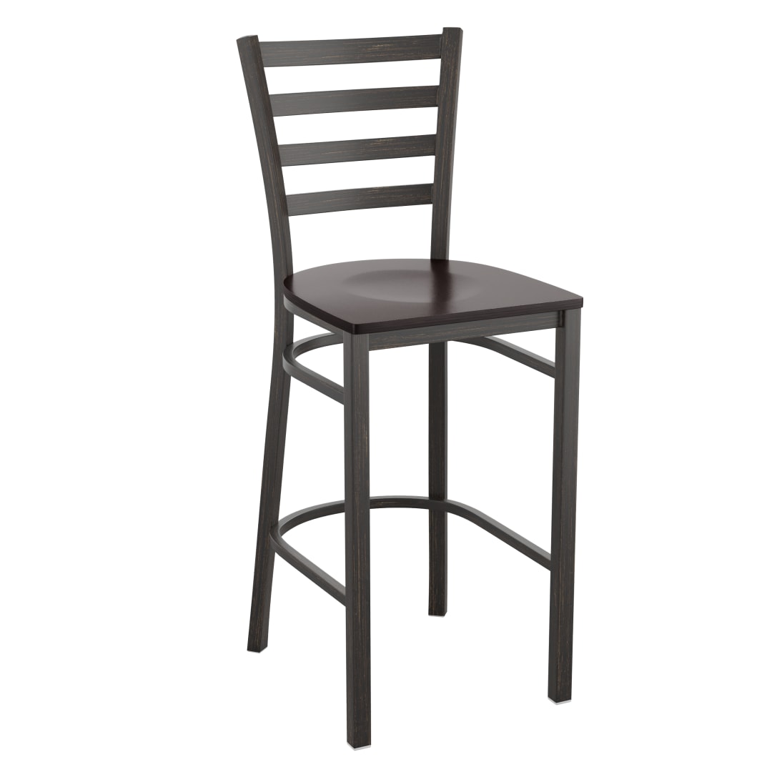 HERCULES Series Distressed Gold Ladder Back Metal Restaurant Barstool - Mahogany Wood Seat
