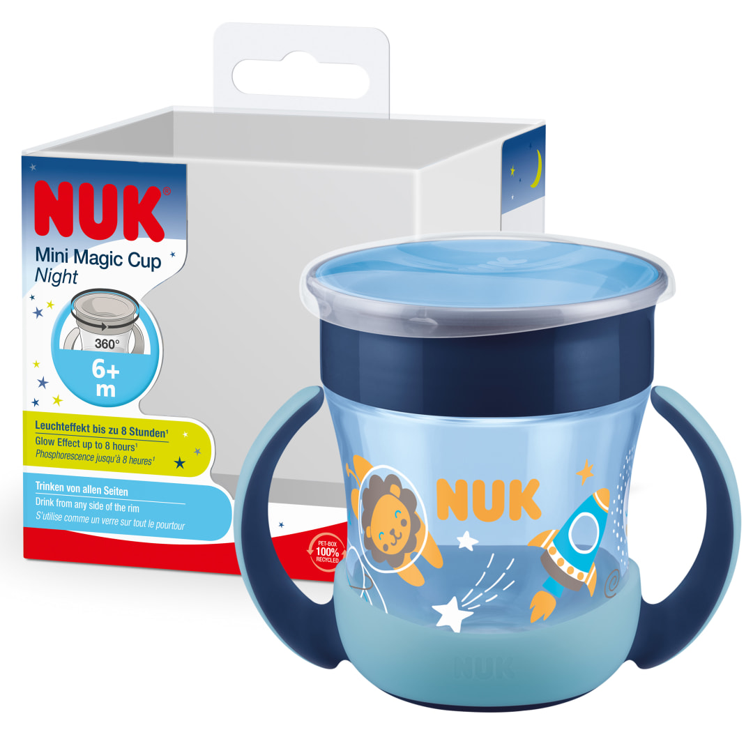 NUK Mini Magic Cup Night taza para sorber | +6 meses | 160 ml | Borde a prueba de derrames de 360° para beber desde cualquier lado | Brilla en la oscuridad | Sin BPA | Azul