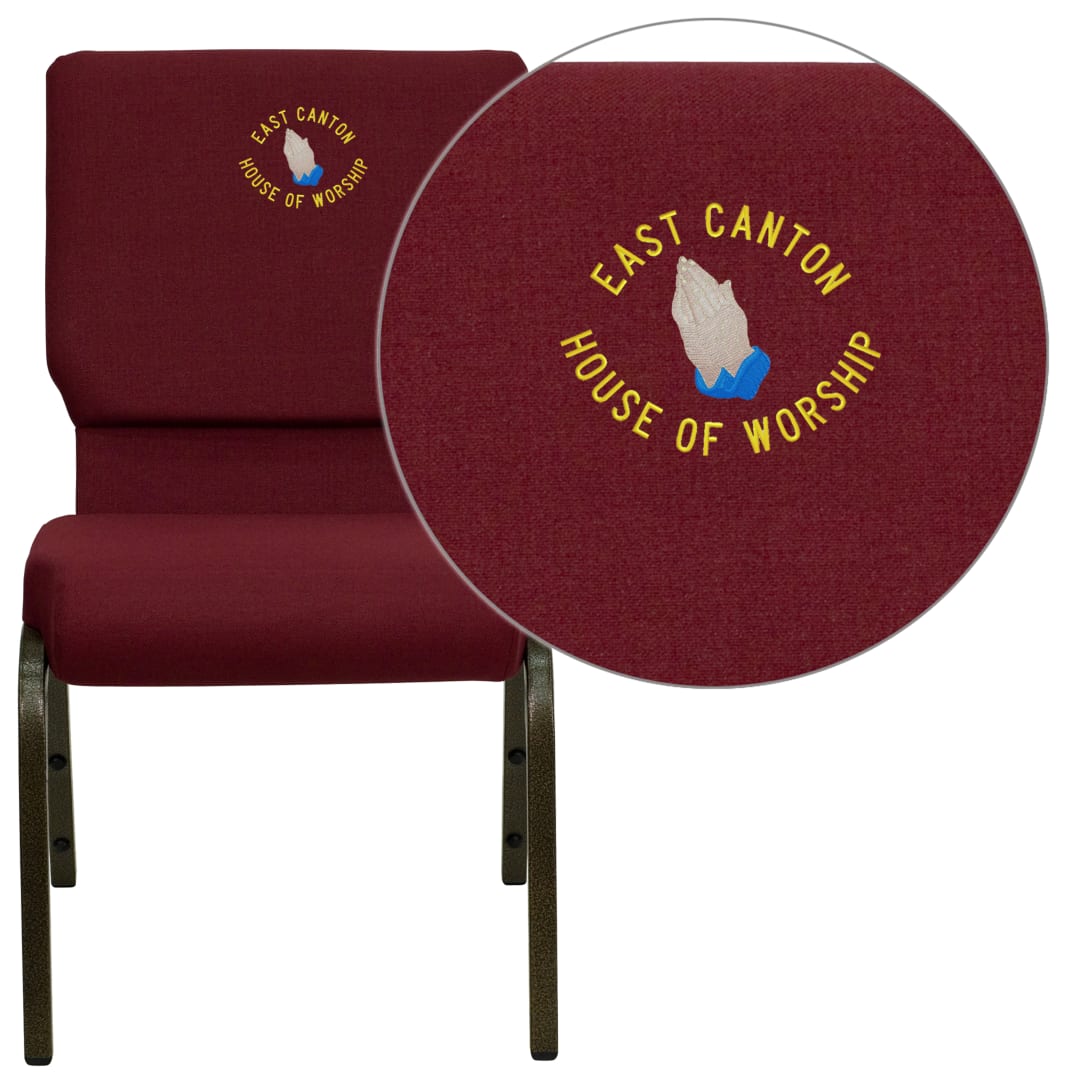 Embroidered HERCULES Series 18.5''W Stacking Church Chair in Burgundy Fabric - Gold Vein Frame