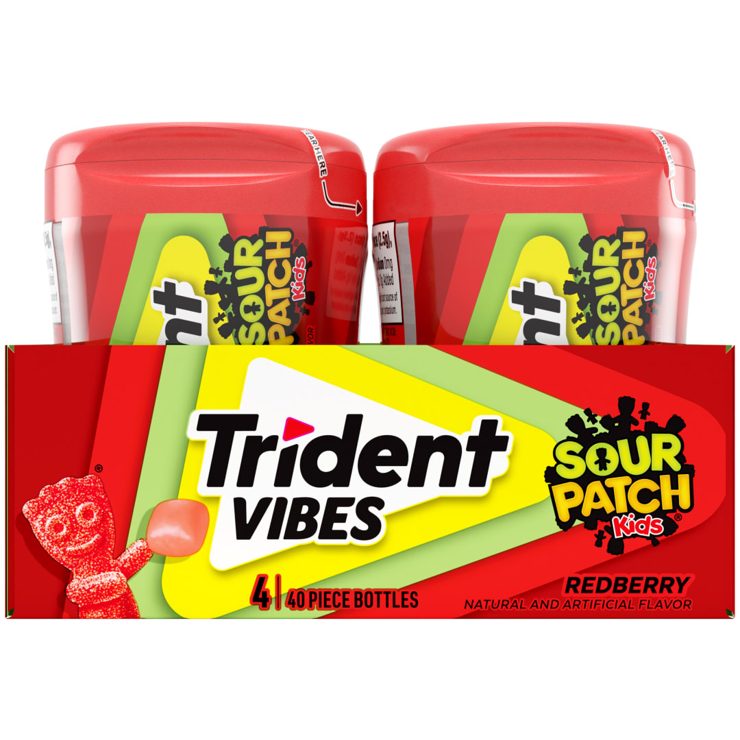 Trident Vibes SOUR PATCH KIDS Sugar Free Chewing Gum Redberry 40 pc Bottles - 4 Pack
