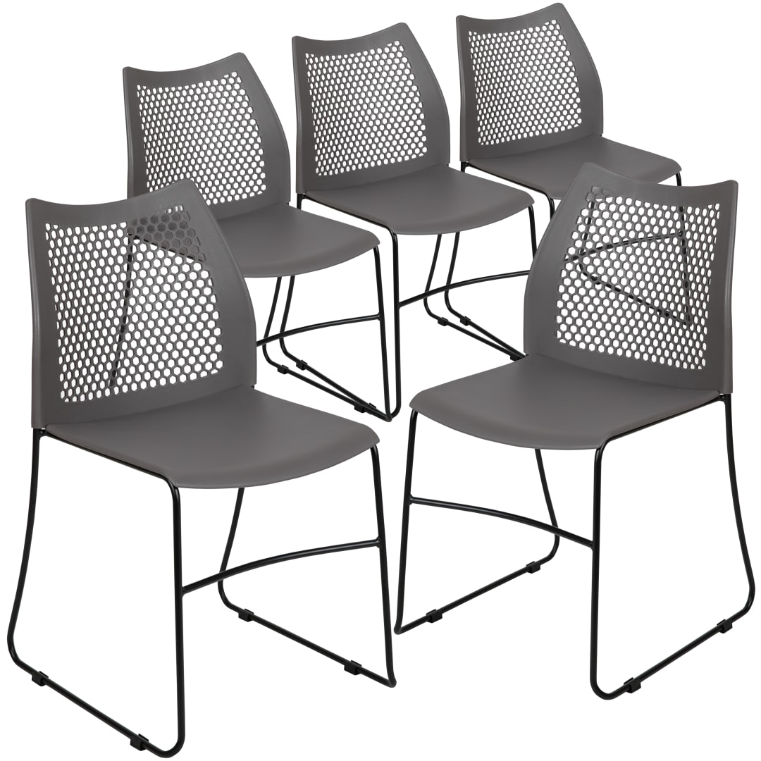 HERCULES Series 5 Pack 661 lb. Capacity Gray Stack Chair with Air-Vent Back and Black Powder Coated Sled Base