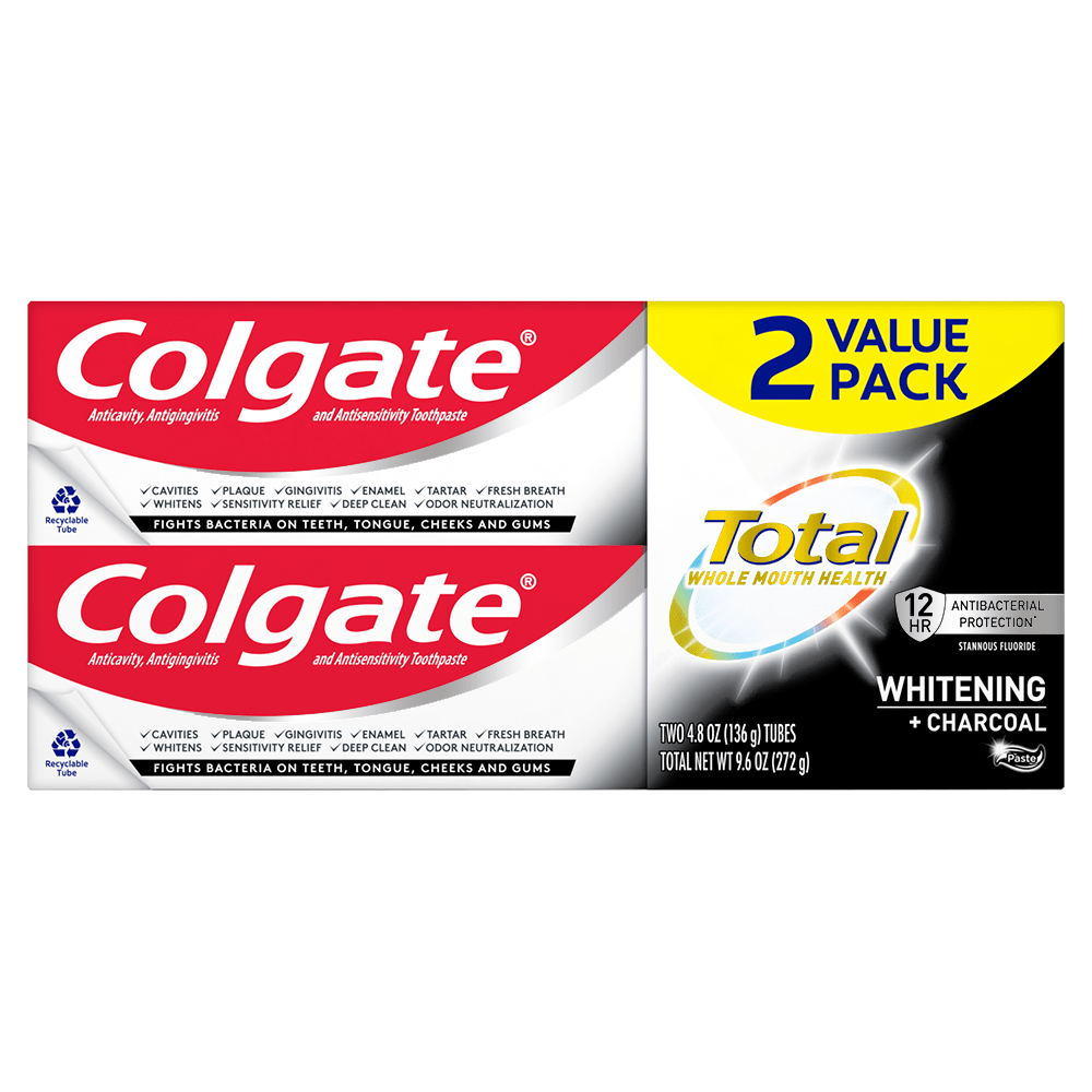 Colgate Total Whitening + Charcoal Toothpaste, Mint Toothpaste, 2 Pack, 4.8 oz Tubes