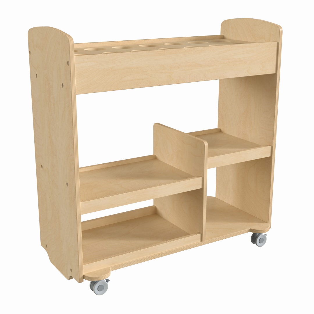 Bright Beginnings Commercial Wood Double Sided Mobile Storage Cart, 14 Round Storage Compartments, 4 Storage Shelves, Locking Caster Wheels, Natural