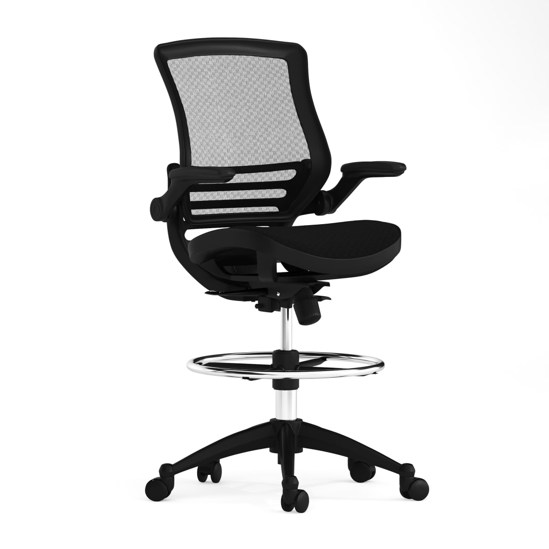 Waylon Mid-Back Transparent Black Mesh Drafting Chair with Black Frame and Flip-Up Arms