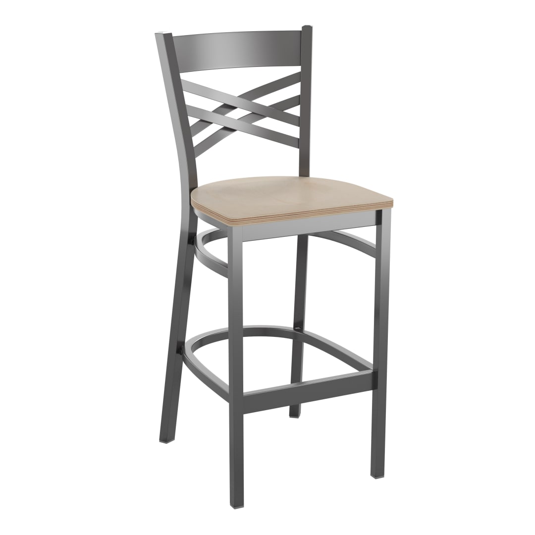 HERCULES Silver Antique Finish with Clear Coat ''X'' Back Metal Restaurant Barstool - Antique White Wood Seat