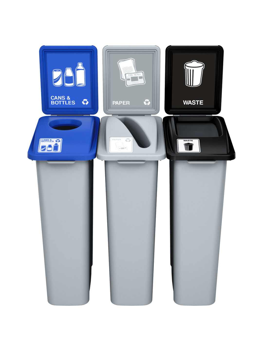  WASTE WATCHER - Triple - Kit - Cans &amp; Bottles-Paper-Waste - Circle-Slot-Full - Grey-Blue-Grey-Black
