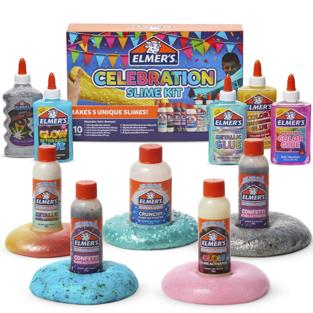 Elmer’s Celebration Slime Kit, Slime Supplies Include Assorted Magical Liquid Slime Activators and Assorted Liquid Glues, 10 Count