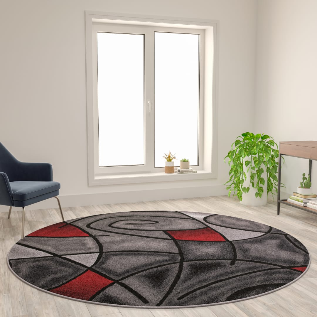 Jubilee Collection 7' x 7' Round Red Abstract Area Rug - Olefin Rug with Jute Backing - Living Room, Bedroom, Family Room