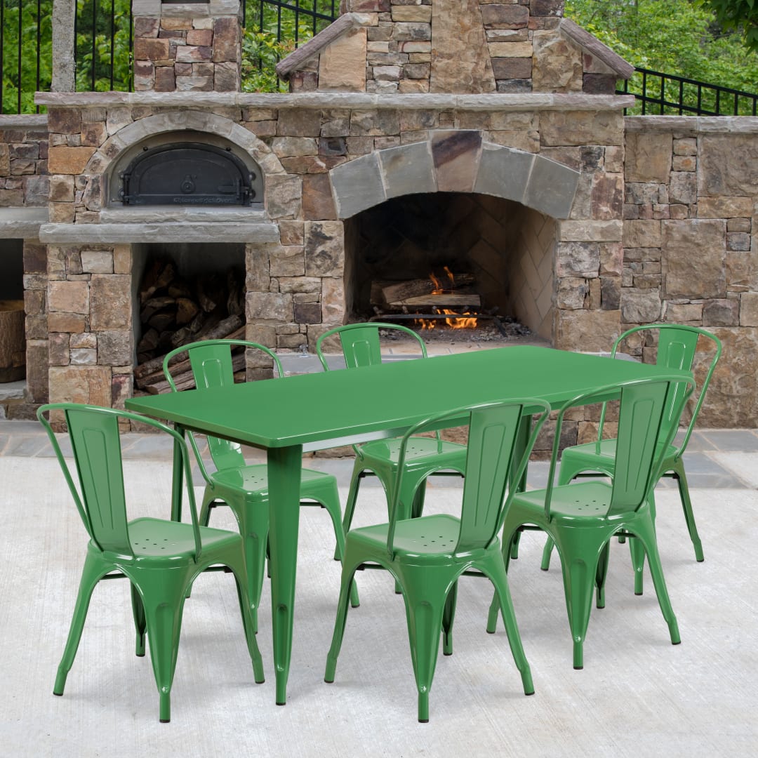 Gilbert Commercial Grade 31.5" x 63" Rectangular Green Metal Indoor-Outdoor Table Set with 6 Stack Chairs