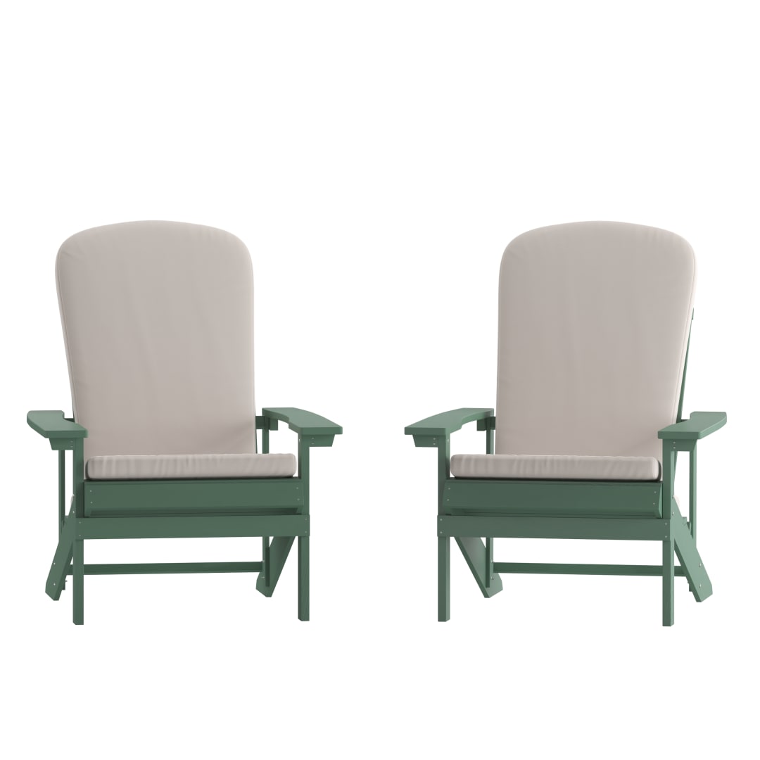 Charlestown Set of 2 All-Weather Poly Resin Wood Adirondack Chairs in Green with Cream Cushions for Deck, Porch, and Patio