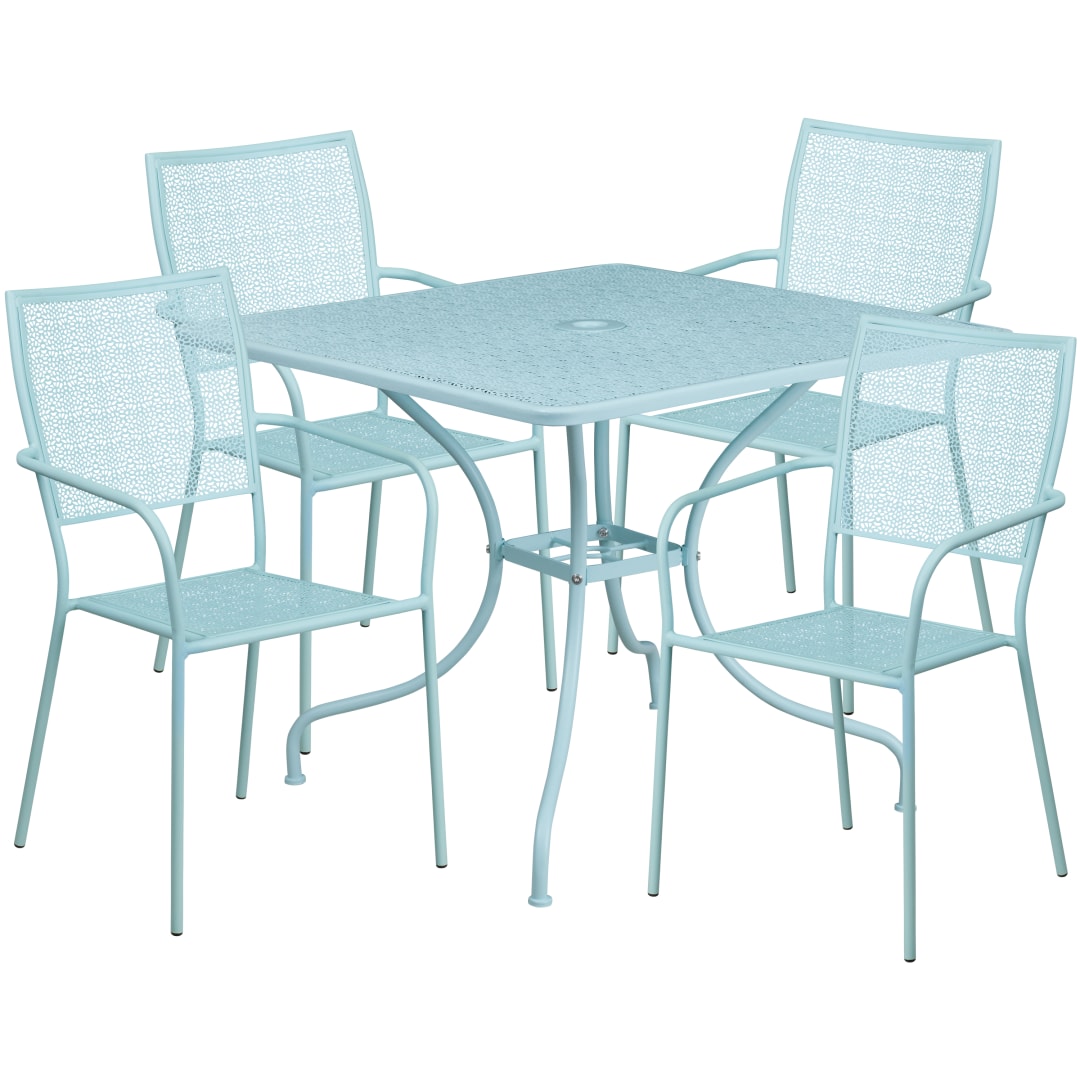 Oia Commercial Grade 35.5" Square Sky Blue Indoor-Outdoor Steel Patio Table Set with 4 Square Back Chairs