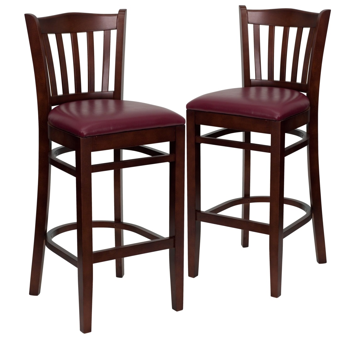 2 Pk. HERCULES Series Vertical Slat Back Mahogany Wood Restaurant Barstool - Burgundy Vinyl Seat