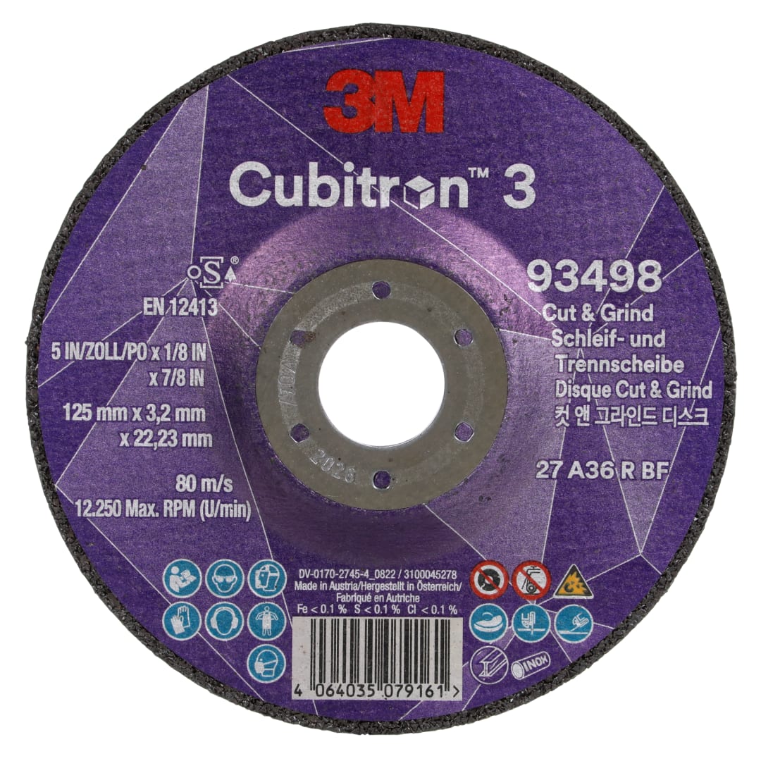 3M™ Cubitron™ 3 Kesme ve Taşlama Taşı, 93498, 36+, T27, 125 mm x 3,2 mm x 22,23 mm, EN, 10/Paket, 20 adet/Kutu