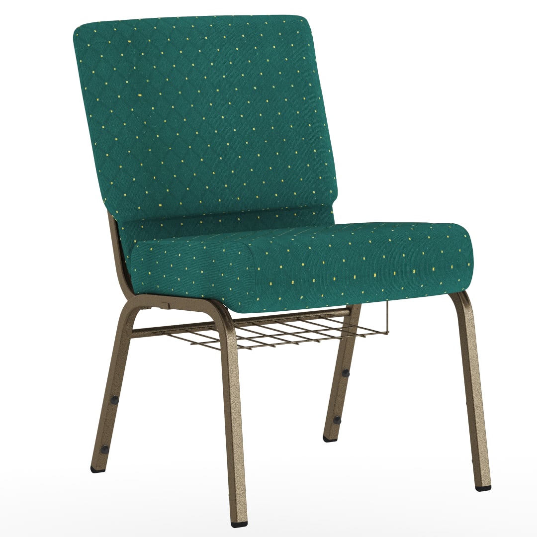 HERCULES Series 21''W Church Chair in Hunter Green Dot Patterned Fabric with Book Rack - Gold Vein Frame