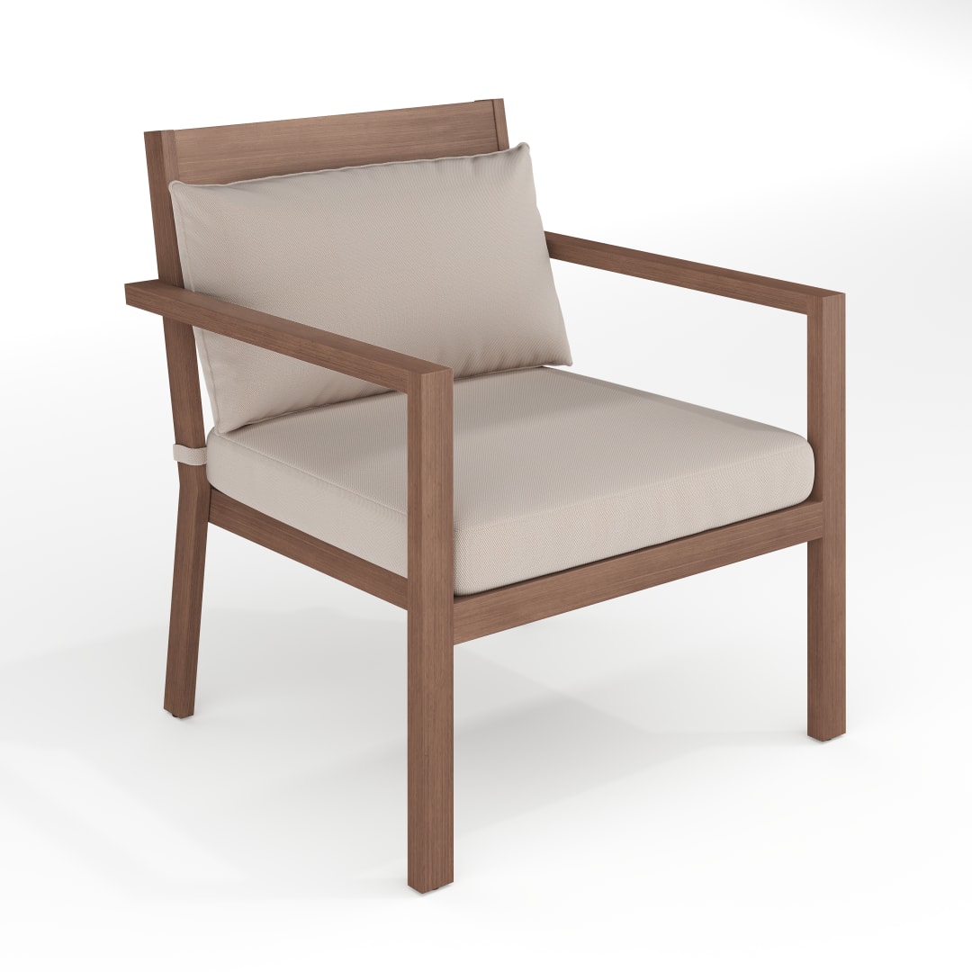 Bedford Set of 2 Indoor-Outdoor Patio Accent Chairs with Brown Brushed Woodgrain Aluminum Finish and Cream All-Weather Seat and Lumbar Cushions