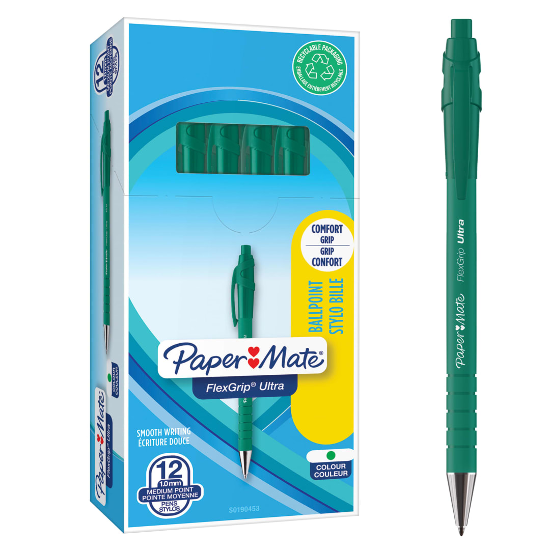 Paper Mate® FlexGrip® Ultra® Retractable Ballpoint Pens | Medium Point (1.0mm) | Green | 12 Count
