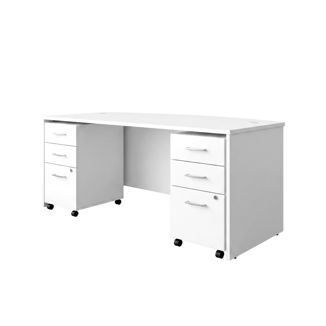 Cornerstone 71"W x 35.5"D Executive Bow Front Desk with Dual 3-Drawer Mobile Pedestals, White