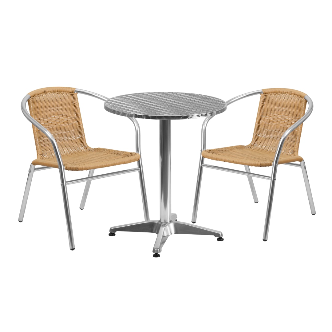 Lila 23.5'' Round Aluminum Indoor-Outdoor Table Set with 2 Beige Rattan Chairs