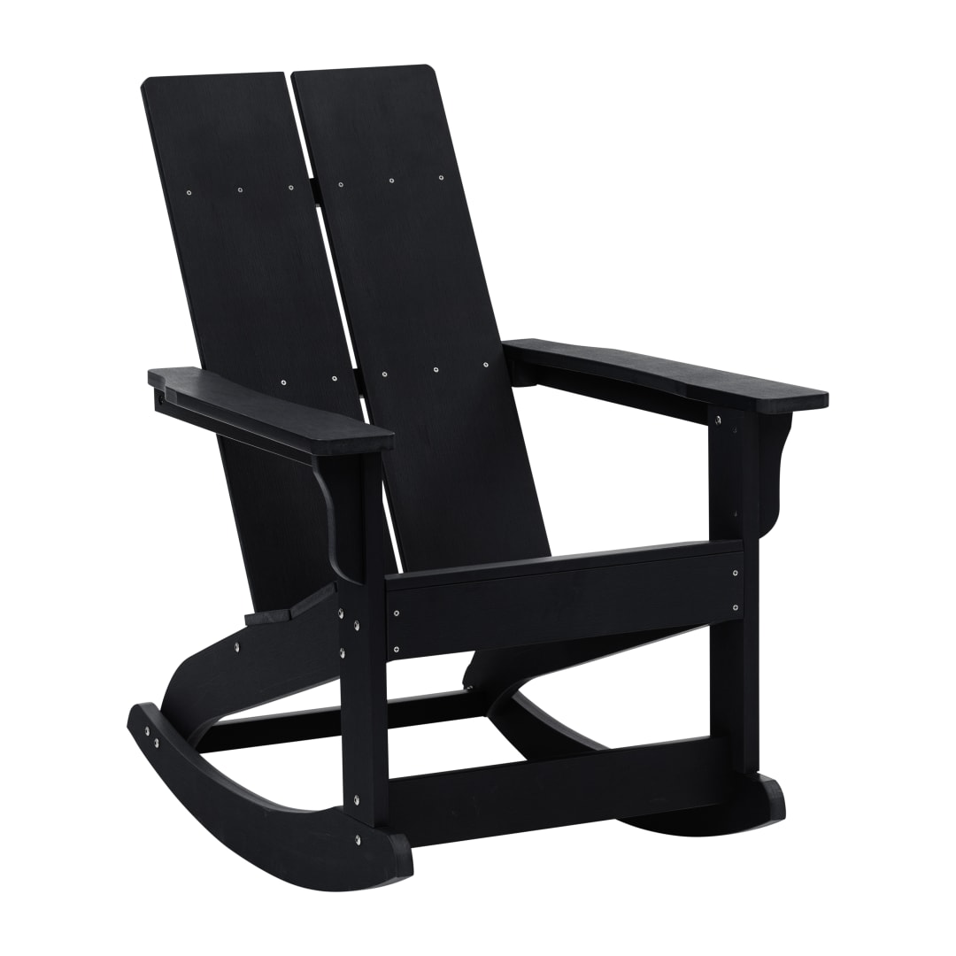 Finn Modern Commercial Grade All-Weather 2-Slat Poly Resin Wood Rocking Adirondack Chair with Rust Resistant Stainless Steel Hardware in Black