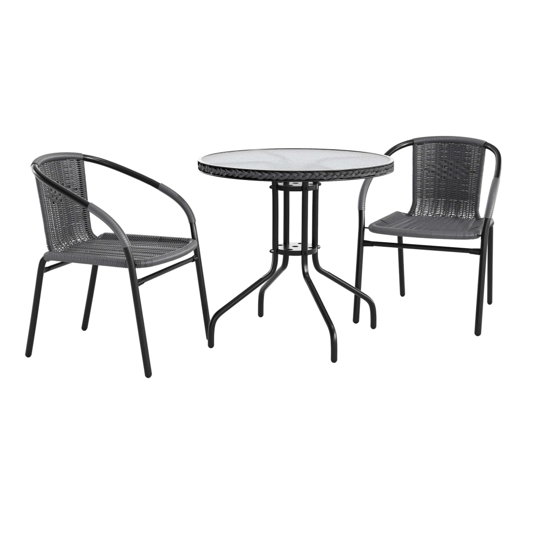 Lila 28'' Round Glass Metal Table with Gray Rattan Edging and 2 Gray Rattan Stack Chairs