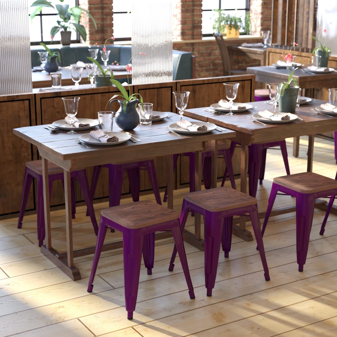 Kai 18" Backless Table Height Stool with Wooden Seat, Stackable Purple Metal Indoor Dining Stool, Commercial Grade - Set of 4