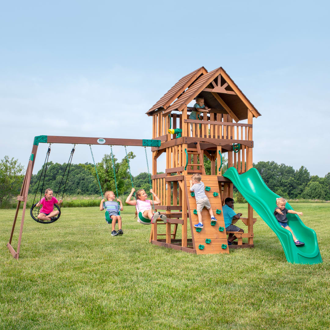 Highlander Swing Set With Green Wave Slide