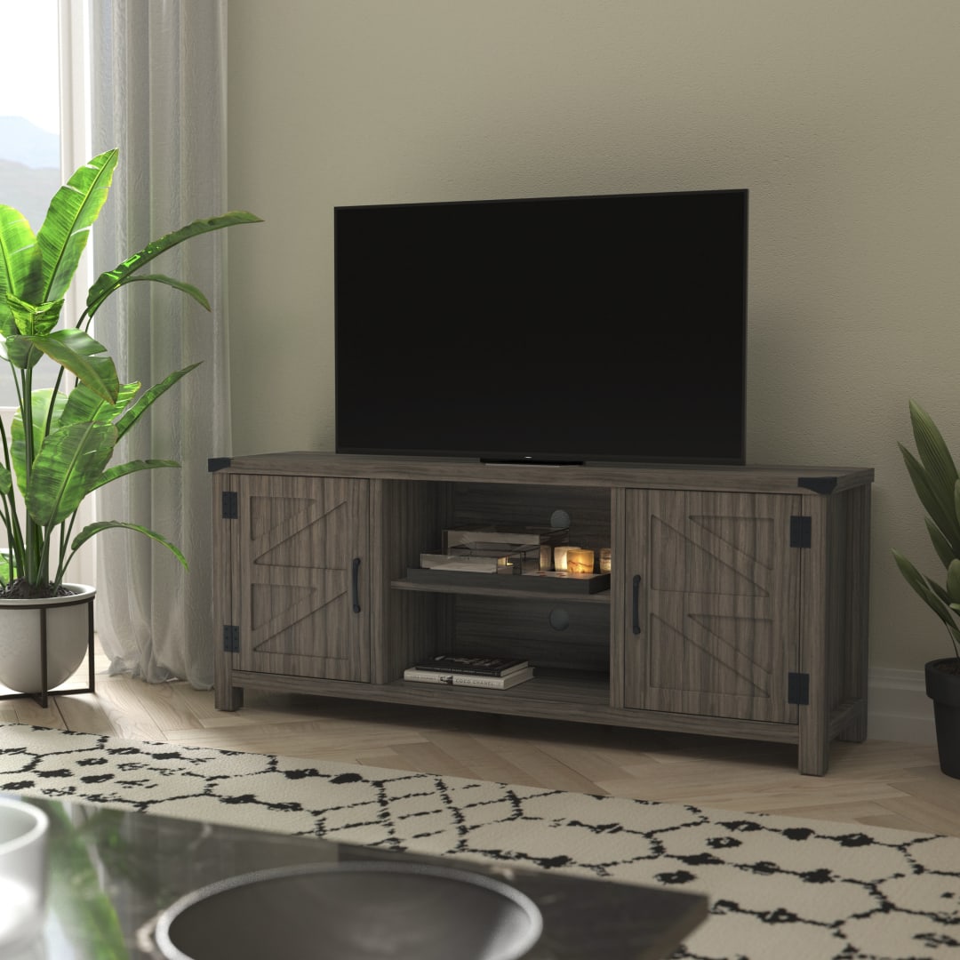 Charlotte Modern Farmhouse Barn Door TV Stand-Gray Wash Oak for TV's up to 65 Inches-59" Entertainment Center with Adjustable Shelf