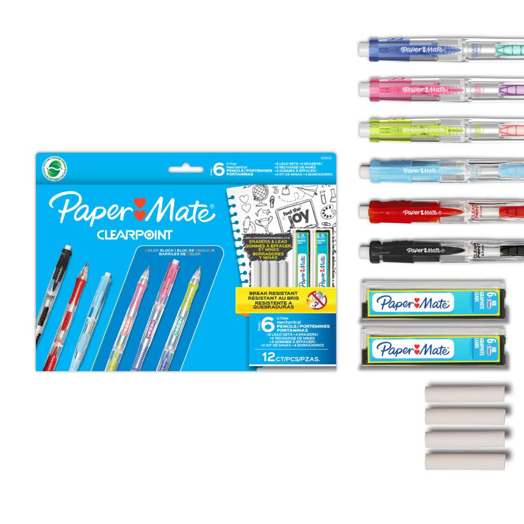 Paper Mate Clearpoint Mechanical Pencil, HB #2 Lead (0.7mm), 6 Pencils, 2 Lead Sets, 4 Eraser Refills