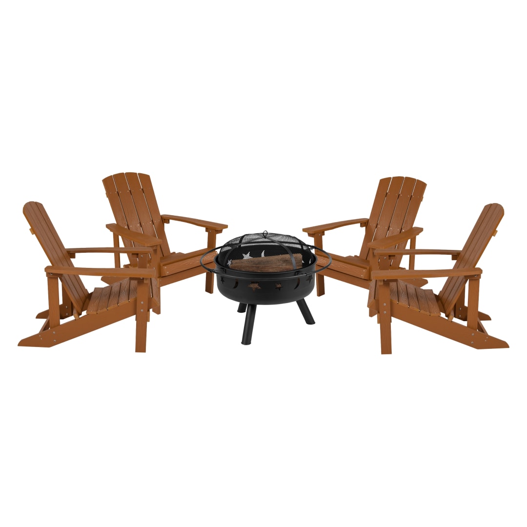5 Piece Charlestown Teak Commercial Poly Resin Wood Adirondack Chair Set with Fire Pit - Star and Moon Fire Pit with Mesh Cover