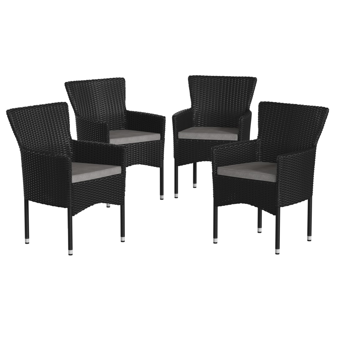 Maxim Modern Black Wicker Patio Armchairs for Deck or Backyard, Fade and Weather-Resistant Frames and Gray Cushions-Set of 4