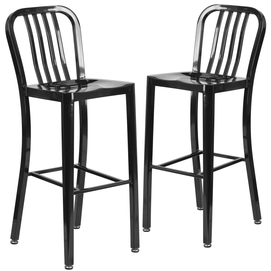 Gael Commercial Grade 2 Pack 30" High Black Metal Indoor-Outdoor Barstool with Vertical Slat Back