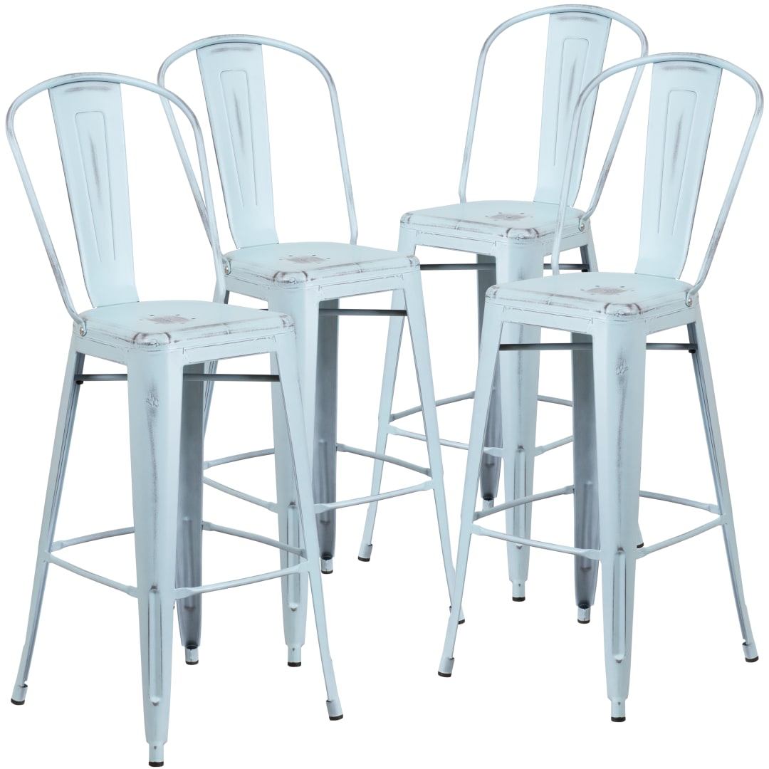 Blake Commercial Grade 4 Pack 30" High Distressed Green-Blue Metal Indoor-Outdoor Barstool with Back