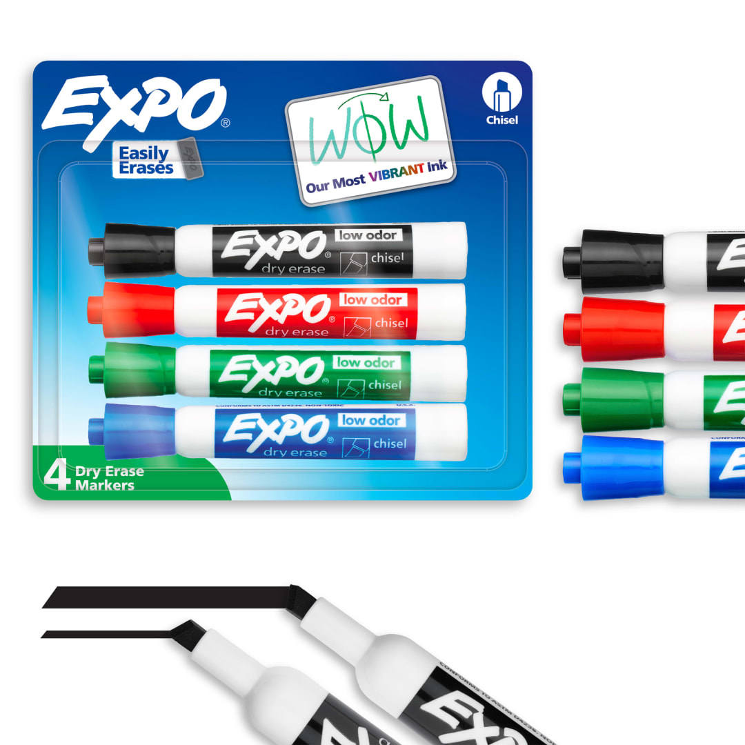 EXPO Dry Erase Markers, Low Odor Ink, Assorted Colors, Chisel Tip, 4 Count