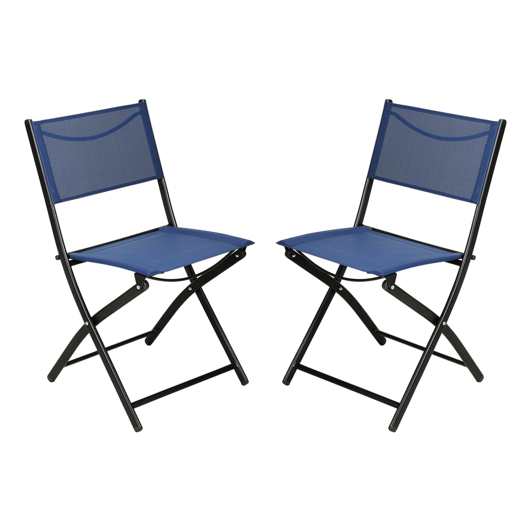 Brazos Set of 2 Commercial Grade Indoor/Outdoor Folding Chairs with Navy Flex Comfort Material Backs and Seats and Black Metal Frames