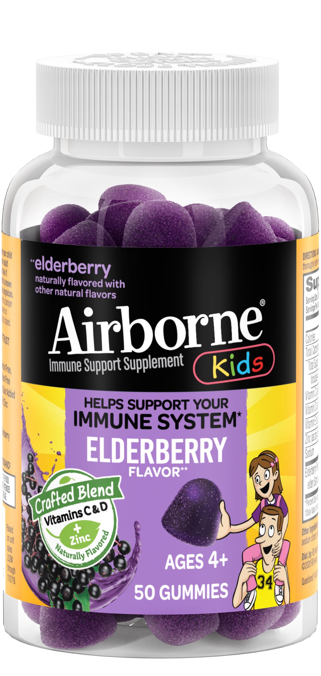 Airborne Elderberry + Zinc & Vitamin C Gummies para Niños, Gominolas de Zinc para Apoyo Inmunitario con Potentes Antioxidantes Vitamina C D & E - (Botella de 50 unidades)