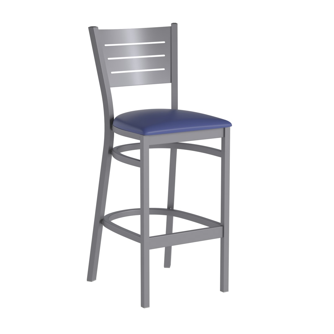 HERCULES Silver Slat Back Metal Restaurant Barstool - Blue Vinyl Seat
