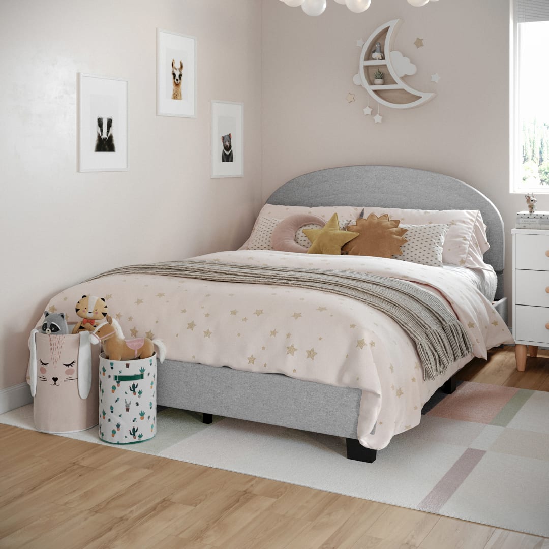 Full Platform Bed Frame with Curved Headboard and Wood Slat Foundation in Gray